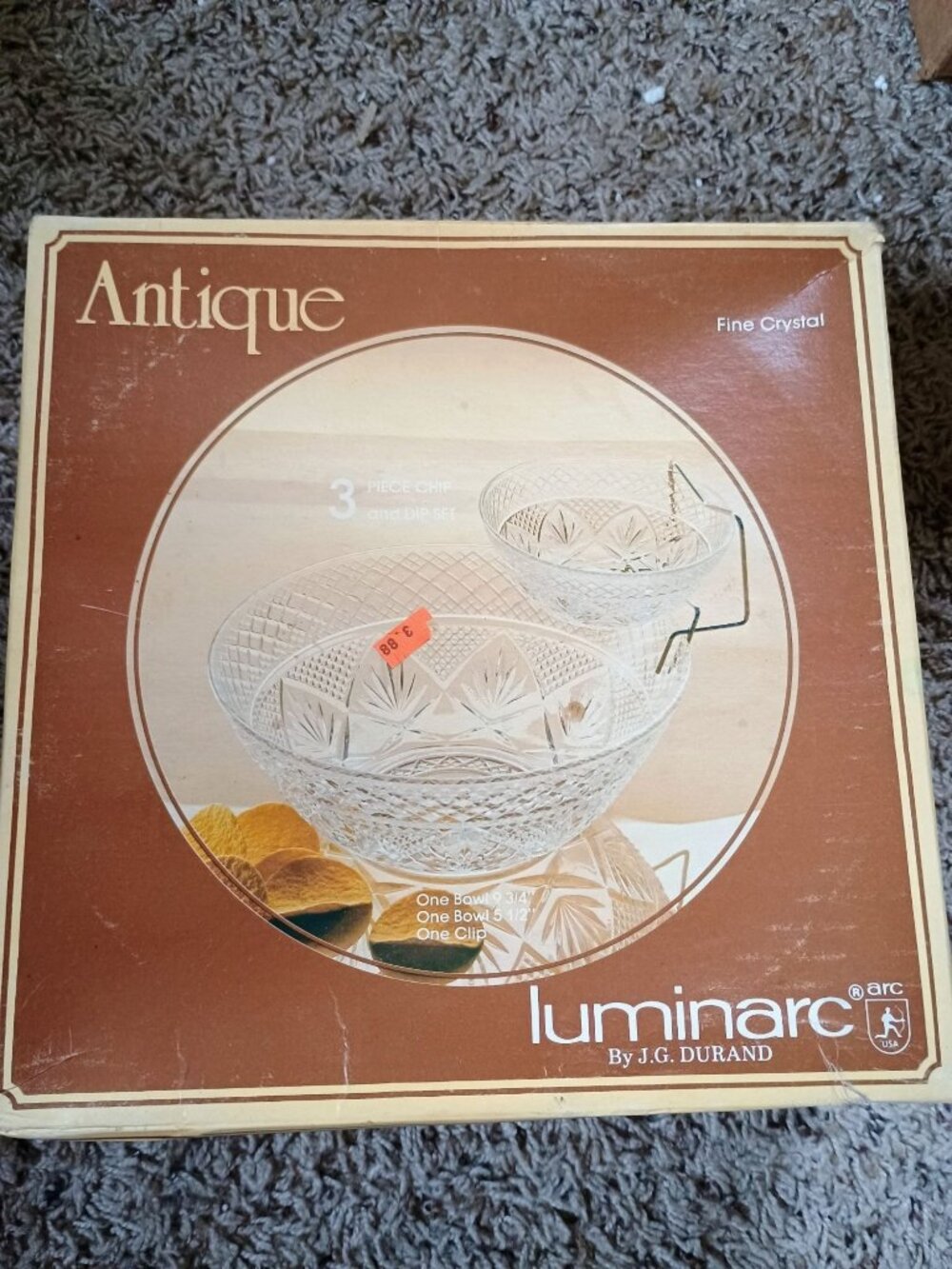 Vintage luminarc 3 piece crystal chip and dip serving set